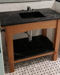 Cherry wood, open storage Bath Vanity with Mortise and tenon details.