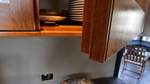 This image also appears in the Cabinet Details Gallery" with the description: This Image shows a closeup of the half lap door detail with edge bead. The door is shown partially open with white plates in the cabinet in the background.